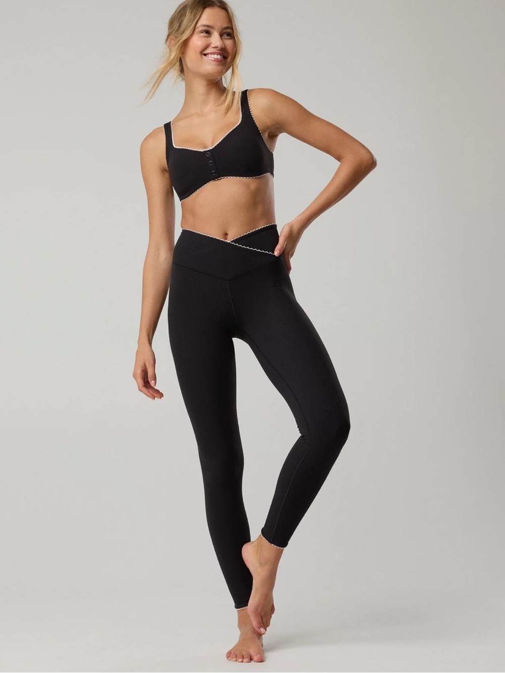 Aerie OFFLINE By Aerie Real Me Black Ribbed Picot Trim Crossover Legging